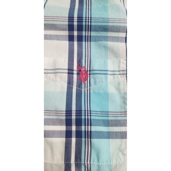 Men's US Polo Association Short Sleeve Blue Plaid Button Up Pink Horse Size Med - Picture 4 of 6